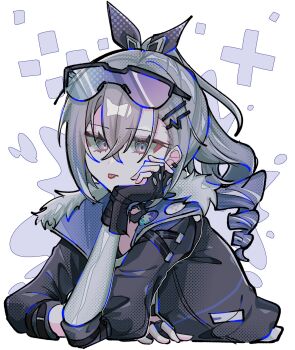 1girl :p black_gloves black_jacket drill_hair drill_ponytail eyewear_on_head fingerless_gloves fur-trimmed_jacket fur_trim gloves gradient-tinted_eyewear grey_eyes grey_hair hashtag-only_commentary highres honkai:_star_rail honkai_(series) jacket looking_at_viewer pink-tinted_eyewear ponytail purple-tinted_eyewear silver_wolf_(honkai:_star_rail) solo tinted_eyewear tongue tongue_out toriniku_(tori_paku2)