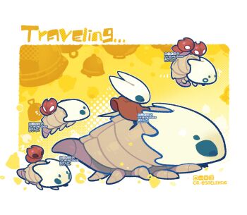 1girl arthropod_girl baby_animal beastling_(hollow_knight) bell bell_beast_(hollow_knight) cloak closed_eyes cogfly_(hollow_knight) english_text flying highres holding hollow_knight hollow_knight:_silksong hornet_(hollow_knight) looking_at_another needle_(hollow_knight) no_humans red_cloak riding riding_animal saelens16 sleeping solid_circle_eyes tool_(hollow_knight) twitter_username weapon