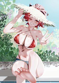 1girl absurdres alternate_costume arm_up armpit_crease bangs_pinned_back bare_shoulders barefoot bikini blue_sky blush breasts chinese_commentary chixia_(wuthering_waves) cleavage collarbone commentary_request criss-cross_halter day denim denim_shorts front-tie_bikini_top front-tie_top grin hair_through_headwear halterneck hat head_tilt highleg highleg_bikini highres large_breasts lipstick looking_at_viewer makeup medium_hair navel one_eye_closed poolside red_bikini red_hair red_lips shadow short_shorts shorts sidelocks sitting sky smile solo stomach straw_hat swimsuit teeth umacastle v wuthering_waves
