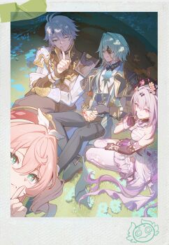 2boys 2girls absurdres anaxa_(honkai:_star_rail) annshiro76 antenna_hair aqua_eyes aqua_hair armor asymmetrical_gloves bare_shoulders black_pants black_tiara blue_eyes book castorice_(honkai:_star_rail) closed_mouth commentary_request dress fake_photograph finger_to_mouth gloves grass hair_between_eyes hair_over_shoulder hand_tattoo hat highres holding holding_book honkai:_star_rail honkai_(series) hyacine_(honkai:_star_rail) index_finger_raised legwear_cutout long_hair looking_at_viewer multiple_boys multiple_girls on_grass one_eye_closed one_eye_covered outdoors pants parted_lips pauldrons phainon_(honkai:_star_rail) ponytail purple_eyes purple_gloves purple_hair red_hat red_tattoo seiza short_hair shoulder_armor shushing single_pauldron sitting sleeping smile tattoo tiara uneven_gloves very_long_hair white_dress white_hair