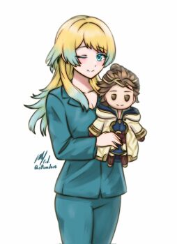 1girl alternate_costume blonde_hair blue_eyes blue_hair blue_pajamas blush character_doll closed_mouth commentary doll english_commentary fire_emblem fire_emblem_heroes fjorm_(fire_emblem) fjorm_(ice_ascendant)_(fire_emblem) gradient_hair highres kiran_(fire_emblem) long_hair long_sleeves male_kiran_(fire_emblem) multicolored_hair nintendo one_eye_closed pajamas rotomdocs signature simple_background smile solo twitter_username white_background