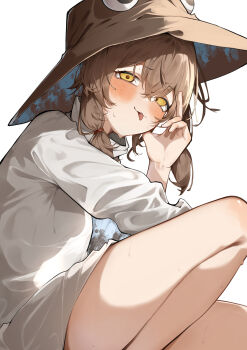 Rule 34 | 1girl, absurdres, blonde hair, blush, commentary request, hair between eyes, hand up, hat, head rest, highres, long sleeves, looking at viewer, medium hair, moriya suwako, no pants, potato (comicomi0211), pyonta, shirt, sitting, smile, solo, thighs, tongue, tongue out, touhou, turtleneck, turtleneck shirt, white shirt, yellow eyes