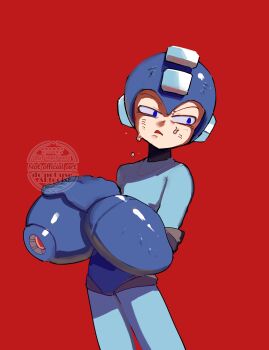 1boy absurdres android annoyed arm_cannon blue_background blue_bodysuit blue_eyes blue_gloves blue_helmet bodysuit closed_mouth gloves helmet highres mega_man_(character) mega_man_(classic) mega_man_(series) red_background robot robot_ears signature smile solo srnhuyuno standing sweat upper_body weapon