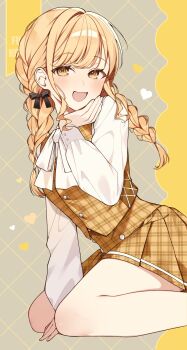 1girl absurdres blonde_hair blush braid brown_skirt brown_vest commentary fujita_kotone gakuen_idolmaster hand_on_own_cheek hand_on_own_face heart highres idolmaster long_hair long_sleeves looking_at_viewer open_mouth plaid_clothes plaid_skirt plaid_vest shirt skirt solo symbol-only_commentary twin_braids usamimikurage vest white_shirt yellow_eyes