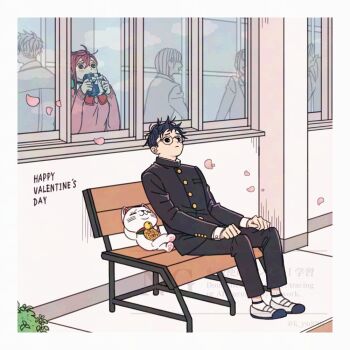 Rule 34 | 1boy, 2girls, ayase momo, black choker, black hair, black pants, blush, bow, bowtie, brown hair, choker, commentary request, crossed bangs, dandadan, earrings, falling petals, full body, gakuran, gift, glasses, hair between eyes, happy valentine, hetero, holding, holding gift, jewelry, k ysd001, kami high school uniform, looking up, maneki-neko, messy hair, multiple girls, on bench, pants, people, petals, pink petals, pink sweater, red bow, red bowtie, school, school uniform, short hair, sitting, standing, sweater, takakura ken (dandadan), turbo granny (dandadan), valentine, window