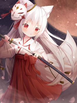 1girl absurdres animal_ears blush commentary_request falling_petals fox_ears fox_girl fox_mask fox_tail hakama hakama_skirt highres holding holding_sword holding_weapon japanese_clothes katana long_hair long_sleeves mask mask_on_head miko moon night original parted_lips petals red_eyes sheath skirt sky solo sword tail tassel unsheathing very_long_hair weapon white_hair yuduki_pdx