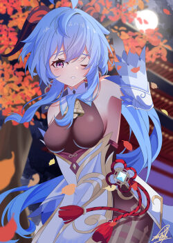 1girl absurdres ahoge bare_shoulders bell black_bodystocking black_gloves blue_hair blush breasts commentary_request cowbell cryo_symbol_(genshin_impact) detached_sleeves ganyu_(genshin_impact) genshin_impact gloves hair_between_eyes hand_up highres long_hair long_sleeves looking_at_viewer medium_breasts neck_bell one_eye_closed outdoors parted_lips purple_eyes sankaku_(maruchann32) solo tassel very_long_hair vision_(genshin_impact)