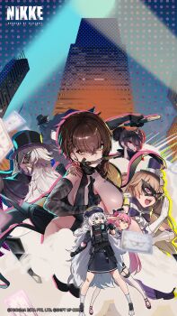 6+girls black_capelet black_gloves black_hat blue_eyes blue_hat blue_skirt braid breasts brown_eyes brown_hair building cape capelet cleavage commander_(nikke) commentary delta_(nikke) delta_(ninja_thief)_(nikke) elbow_gloves english_commentary eye_mask gloves goddess_of_victory:_nikke green_eyes grey_hair hat highres holding holding_kunai holding_weapon knife_in_mouth kunai large_breasts long_hair looking_afar mask miranda_(nikke) miranda_(thief_of_justice)_(nikke) multiple_girls ninja official_art open_mouth phantom_(nikke) pink_eyes pink_hair poli_(nikke) police police_uniform policewoman purple_eyes quency_(escape_queen)_(nikke) quency_(nikke) quiry_(nikke) short_hair skirt skyscraper teeth upper_teeth_only weapon white_cape white_gloves white_hair