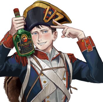 1boy bicorne biting_own_lip blue_eyes blush bottle brown_hair epaulettes grin hat highres male_focus min_do-sik napoleon_bonaparte real_life short_hair simple_background smile solo upper_body v white_background wine_bottle