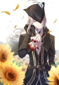 1girl ascot belt black_coat black_hat blood blood_on_clothes bloodborne blurry blurry_background brown_gloves closed_eyes closed_mouth coat commentary_request falling_leaves flower gloves hat hat_feather highres lady_maria_of_the_astral_clocktower leaf long_hair solo standing sunflower susukeya tricorne wavy_hair white_ascot white_hair yellow_leaves
