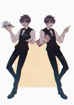 Rule 34 | 2boys, black hair, black pants, black ribbon, black vest, commentary request, cup, formal clothes, glasses, highres, holding, holding plate, looking at viewer, male focus, multiple boys, multiple girls, nanase hr, nanaya shiki, one eye closed, pants, pen, plate, reaching, reaching towards viewer, ribbon, shirt, short hair, siblings, smile, teacup, teapot, tohno shiki, tsukihime, twins, vest, waiter, white shirt