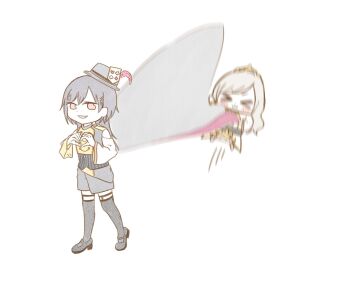 &gt;_&lt; 2girls :3 black_shoes black_thighhighs buttons cape ceras_yanagida_lilienfeld chibi closed_eyes closed_mouth clothing_cutout double-breasted edel_note edelied edelied_cape_flip facing_viewer grey_cape grey_hair grey_shorts grin hair_ornament heart heart_hands highres jellyfish_cut kai_(kkaaii0427) katsuragi_izumi legwear_garter link!_like!_love_live! long_hair long_sleeves looking_at_viewer love_live! miyake_miu motion_blur multiple_girls official_alternate_costume orange_eyes shindou_amane shoes shorts shoulder_cutout simple_background smile thighhighs triangle_hair_ornament virtual_youtuber voice_actor_connection wavy_hair white_background x3