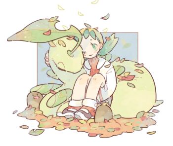 1girl bayleef blue_hair diglett full_body gen_1_pokemon gen_2_pokemon green_eyes hat jacket katiko kris_(pokemon) leaf long_hair long_sleeves looking_at_another nintendo one_eye_closed pokemon pokemon_(creature) pokemon_gsc red_shirt shirt shoes simple_background sitting twintails white_background white_jacket white_shoes yellow_hat