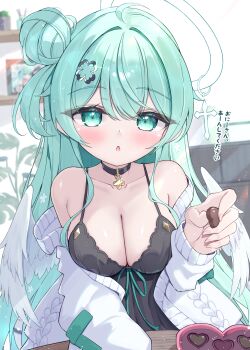 Rule 34 | 1girl, angel, black dress, blush, breasts, cleavage, commentary request, dress, green eyes, green hair, hair bun, halo, highres, large breasts, long hair, looking at viewer, mikaze oto, open mouth, original, single hair bun, solo, sweater, valentine, white halo, white sweater