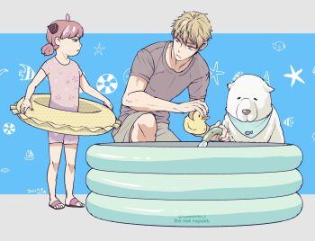 1boy 1girl ahoge anya_(spy_x_family) aqua_neckerchief blonde_hair blue_background blue_eyes bond_(spy_x_family) border child commentary_request dated dog fish full_body furrowed_brow grey_shirt grey_shorts hair_between_eyes hairpods highres holding holding_hose holding_swim_ring hose innertube looking_at_another low_twintails medium_hair neckerchief on_one_knee one-piece_swimsuit pink_hair pink_one-piece_swimsuit pink_sandals pool rubber_duck sandals shirt short_hair shorts spy_x_family starfish swim_ring swimsuit takehide twilight_(spy_x_family) twintails twitter_username white_border