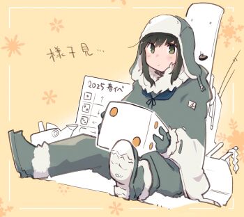 1girl alternate_costume black_hair blue_neckerchief boots brown_eyes coat commentary_request dice fubuki_(kancolle) grey_coat grey_hat grey_pants hat highres kantai_collection ma_rukan medium_hair neckerchief orange_background oversized_object pants sidelocks smokestack snowflake_background solo translation_request