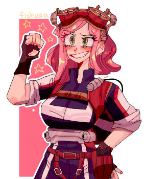 1girl artist_name belt blush boku_no_hero_academia breasts brown_belt brown_gloves commentary english_commentary eyelashes fingerless_gloves fingernails fishyaa gloves goggles goggles_on_head green_eyes hand_on_own_hip hatsume_mei highres jumpsuit medium_hair outline pink_hair purple_jumpsuit smile solo teeth third-party_source white_outline