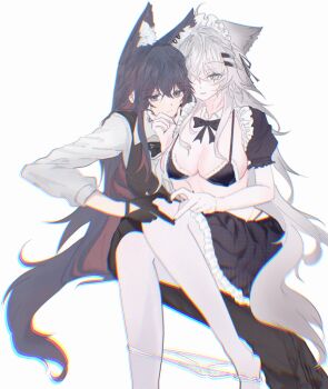 2girls animal_ear_fluff animal_ears arknights bikini black_bikini black_gloves black_hair black_jacket black_pants black_ribbon black_skirt blue_eyes breasts chimaki_(poi_514) chromatic_aberration cleavage closed_mouth collarbone collared_shirt commentary four-finger_heart_hands frilled_bikini frilled_skirt frilled_sleeves frills gloves grey_eyes grey_hair grey_tail hair_between_eyes hair_ornament hairclip hand_on_another's_cheek hand_on_another's_face heart heart_hands heart_hands_duo highres jacket lappland_(arknights) large_breasts long_hair long_sleeves looking_at_another maid maid_bikini maid_headdress multicolored_hair multiple_girls neck_ribbon open_mouth orange_eyes panties pants panty_pull pantyhose puffy_short_sleeves puffy_sleeves red_hair ribbon scar scar_across_eye scar_on_face shirt short_sleeves simple_background sitting sitting_on_lap sitting_on_person skindentation skirt sleeves_rolled_up smile stomach string_bikini swimsuit tail texas_(arknights) two-tone_hair unconventional_maid underwear untranslatable_commentary very_long_hair white_background white_panties white_pantyhose white_shirt wolf_ears wolf_girl wolf_tail yuri