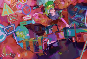 1girl 2025 absurdres analog_clock artist_name bandaid bandaid_on_arm book bookshelf clock commentary dated highres original pencil short_hair sign solo television v yenkurl