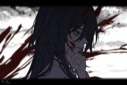 Rule 34 | 1girl, acheron (honkai: star rail), alternate form, blood, blood on face, cloud, cloudy sky, empty eyes, facing to the side, hand on own face, hive328, honkai: star rail, honkai (series), horns, japanese clothes, kimono, letterboxed, long hair, looking to the side, official alternate costume, parted lips, profile, purple eyes, purple hair, red horns, serious, signature, sky, solo, white kimono