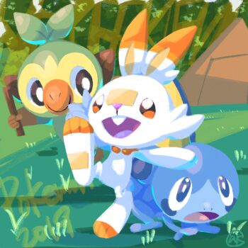 black_eyes blue_eyes commentary_request copyright_name dated day full_body gen_8_pokemon grass grookey highres karasusho nintendo no_humans open_mouth outdoors pokemon pokemon_(creature) scorbunny signature smile sobble starter_pokemon_trio tent