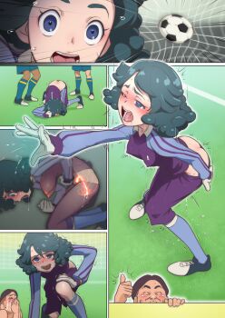 1girl ass ball blue_eyes blush breasts butt_crack clothes_pull covered_erect_nipples cum cum_in_pussy embarrassed gloves goalkeeper green_hair hiding highres inazuma_eleven_(series) legs medium_breasts medium_hair multiple_views muramura_hito nipples open_mouth outdoors sequential shoes shorts shorts_pull soccer_ball soccer_field soccer_uniform sportswear standing sweat thighs thumbs_up top-down_bottom-up trembling umihara_norika x-ray