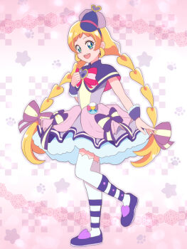1girl :d blonde_hair blue_eyes bow bow_earrings braid bright_pupils brooch capelet checkered_background chest_bow commentary cure_friendy deerstalker dress dress_bow earrings frilled_wrist_cuffs frills full_body gradient_background hair_bow hairband hand_on_own_chest hat hat_ornament heart heart_brooch heart_hat_ornament highres inukai_iroha jewelry kei_yunokawa leg_up long_hair looking_at_viewer low-tied_long_hair low_twin_braids magical_girl multicolored_bow open_mouth pact_holder patterned_background paw_print paw_print_background petticoat pink_background pink_bow pouch precure purple_bow purple_capelet purple_dress purple_hairband purple_hat purple_shoes purple_wrist_cuffs shoes sleeveless sleeveless_dress smile solo standing standing_on_one_leg star_(symbol) striped_bow thighhighs tilted_headwear twin_braids very_long_hair white_thighhighs wonderful_pact wonderful_precure! wrist_cuffs yellow_pupils zettai_ryouiki
