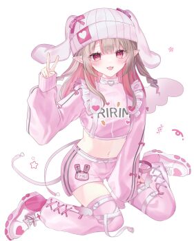 Rule 34 | 1girl, 4ki8 (shikiha0), :3, :d, animal ears, beanie, belt, between legs, blunt bangs, blush, bow, buckle, character name, chest harness, clothes writing, colored inner hair, cropped jacket, cross-laced clothes, cross-laced legwear, drill hair, fake animal ears, fang, floppy ears, frills, full body, hair down, hand between legs, hand up, harness, hat, hat bow, heart, heart-shaped buckle, highres, jacket, long hair, looking at viewer, makaino ririmu, midriff, multicolored hair, name tag, navel, nijisanji, official alternate costume, official alternate hairstyle, open mouth, pants, pink bow, pink hair, pink jacket, pink shoes, pink shorts, pink thighhighs, pointy ears, rabbit ears, red eyes, shoes, short shorts, shorts, sidelocks, simple background, sitting, skin fang, sleeves past wrists, smile, sneakers, solo, streaked hair, thighhighs, track jacket, track pants, v, virtual youtuber, wariza, white background, white belt, white wings, wings