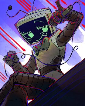 1girl :d bow bowtie commentary_request crossed_legs dandy's_world feet_out_of_frame fewer_digits film_grain from_behind from_below green_bow green_bowtie green_eyes grid_teeth grin hands_up highres holding holding_microphone humanoid_robot korean_commentary looking_to_the_side mechanical_arms mechanical_legs microphone no_pupils object_head open_mouth purple_background radio_antenna roblox robot ron_just000 simple_background single_eyebrow sitting smile solo television traditional_bowtie vee_(dandy's_world)