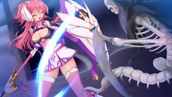 1girl armor battle blush breasts cleavage cleavage_cutout closed_eyes clothing_cutout dress elbow_gloves en_ciel_rena en_ciel_rena_(sin) game_cg gloves hair_ornament holding holding_weapon kourin_tenshi_en_ciel_rena large_breasts large_variant_set long_hair magical_girl monster non-web_source official_art open_mouth pink_hair pink_thighhighs polearm saitou_natsuki scythe shield skeleton skirt spear standing suhamaya thighhighs tomoe_rena variant_set weapon white_gloves zettai_ryouiki