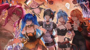 5girls abby_(wuthering_waves) absurdres ahoge alternate_costume animal_ear_hairband animal_ears antenna_hair ascot augusta_(wuthering_waves) bandages bare_shoulders bell black_bow black_bowtie black_dress black_hair black_jacket black_nails black_pants black_shorts blue_eyes blue_hair bow bowtie breasts buttons cat_ear_hairband cat_ears cleavage collarbone commentary double-breasted dress earrings english_commentary enmaided fake_animal_ears female_rover_(wuthering_waves) fingernails galbrena_(wuthering_waves) grey_hair hair_ornament hairband hands_on_own_hips highres holding holding_staff iuno_(wuthering_waves) jacket jewelry long_hair looking_at_viewer lupa_(wuthering_waves) maid maid_headdress medium_breasts multiple_girls mummy_costume nail_polish navel neck_bell orange_dress orange_hair orange_nails pants parted_lips pink_hair pointy_ears red_pupils rover_(wuthering_waves) sharp_fingernails shorts smile staff stomach sun_earrings twintails white_ascot wuthering_waves yellow_eyes yilubixi