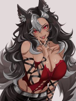 1girl animal_ear_fluff animal_ears ashe_grayson asymmetrical_bangs bare_shoulders black_choker black_hair black_nails black_skirt breasts brown_lips choker cleavage collarbone commentary cowboy_shot dark-skinned_female dark_skin english_commentary facial_mark fangs fingernails grey_hair hair_between_eyes hand_on_own_chin hand_up haori903 highres indie_virtual_youtuber jewelry lace-up_top large_breasts long_fingernails long_hair looking_at_viewer mole mole_on_breast mole_under_mouth multicolored_hair multiple_moles multiple_rings nail_polish open_mouth red_eyes ring second-party_source sharp_fingernails simple_background skirt smile solo spiked_belt spiked_choker spikes tail tongue two-tone_hair virtual_youtuber white_background wolf_ears wolf_girl wolf_tail