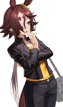 1girl absurdres animal_ears bag black_jacket black_pants blush breasts brown_eyes brown_hair collarbone franz2543 hair_over_one_eye highres horse_ears horse_girl horse_tail jacket leather leather_jacket long_hair long_sleeves multicolored_hair open_clothes open_jacket open_mouth pants shirt shoulder_bag simple_background smile solo tail teeth umamusume vodka_(casual)_(umamusume) vodka_(umamusume) white_background white_hair yellow_shirt