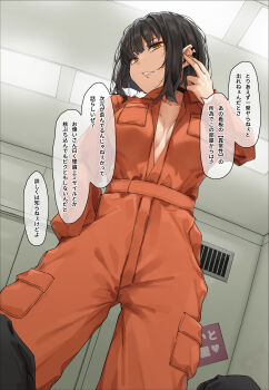 Rule 34 | 1girl, arm at side, black choker, black hair, bob cut, breast pocket, breasts, choker, commentary request, earclip, escape room, face piercing, hand to head, hand up, heart, highres, indoors, jumpsuit, labret piercing, long sleeves, looking at viewer, medium breasts, meme, orange eyes, orange jumpsuit, original, papino, parted lips, piercing, pocket, pov, room you can't get out of unless you x (meme), scp foundation, short hair, solo focus, speech bubble, standing, translation request