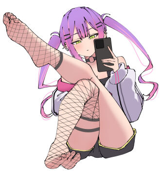 1girl cellphone choker croo_(croo168) ear_piercing feet fishnets foot_focus green_eyes highres hololive jacket light_blush phone piercing purple_hair shorts smartphone tokoyami_towa twintails virtual_youtuber