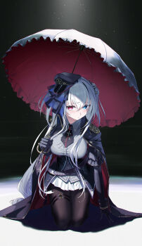 1girl absurdres anchor_symbol azur_lane black_coat black_gloves black_hat black_necktie blue_eyes blush breasts buttons coat coat_on_shoulders commentary_request dark_background dress elbing_(azur_lane) epaulettes frilled_umbrella frills full_body gloves gold_trim hat heterochromia highres holding holding_umbrella iron_blood_(emblem) kneeling large_breasts light_particles long_hair looking_at_viewer necktie pantyhose parted_lips peaked_cap red_eyes red_umbrella rubisco shadow short_necktie sidelocks skirt solo thigh_strap thighs twintails two-sided_fabric umbrella very_long_hair white_hair