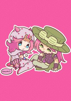 Rule 34 | 2boys, absurdres, beanie, beard, belt, belt buckle, blue eyes, bridal gauntlets, buckle, cape, chibi, chibi only, commentary, cowboy hat, facial hair, goggles, goggles on headwear, green cape, green eyes, green hat, grey hat, grey hoodie, grey pants, gyro zeppeli, hat, highres, hood, hood down, hoodie, horseshoe hat ornament, horseshoe ornament, johnny joestar, jojo no kimyou na bouken, long hair, m a a m 8, male focus, multiple boys, outline, pants, pink background, pink hair, purple bridal gauntlets, purple shirt, shirt, short sleeves, sitting, stand (jojo), star (symbol), star print, steel ball run, tusk (stand), tusk act1, white outline, wristband, yellow belt