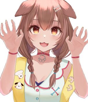 :3 absurdres animal_collar animal_ears bone_hair_ornament braid breasts brown_eyes brown_hair claw_pose cleavage collar collarbone commentary_request dog_ears dog_girl double-parted_bangs dress fangs hair_between_eyes hair_ornament hands_up highres hololive inugami_korone inugami_korone_(1st_costume) juicy_korokke3 light_blush long_hair looking_at_viewer low_twin_braids open_mouth smile twin_braids upper_body virtual_youtuber white_dress