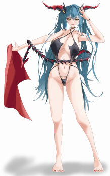 1girl :d absurdres azur_lane black_choker black_slingshot_swimsuit blue_hair blush breasts choker dragon_girl dragon_horns dragon_tail flag full_body hair_between_eyes hand_up highres holding holding_flag horns large_breasts legs_apart long_hair mechanical_horns mechanical_tail messy_hair nail_polish navel o-ring o-ring_swimsuit open_mouth outstretched_arm red_nails regensburg_(azur_lane) regensburg_(dark_dragon_brilliant_beach)_(azur_lane) salute seductive_smile slingshot_swimsuit slit_pupils smile solo spiked_choker spikes standing stomach swimsuit tail tail_around_arm tail_under_clothes twintails uuu10aimuuu very_long_hair yellow_eyes