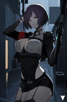 Rule 34 | 1girl, absurdres, armband, between breasts, black choker, black garter straps, black gloves, black hair, black jacket, black leotard, black necktie, black skirt, black thighhighs, breasts, chiappa triple crown (girls' frontline), choker, collared shirt, commentary, cowboy shot, cropped jacket, cropped shirt, garter straps, girls' frontline, gloves, gun, half-leotard, half gloves, highleg, highleg leotard, highres, holding, holding gun, holding weapon, jacket, large breasts, leotard, looking at viewer, microskirt, necktie, necktie between breasts, open clothes, open jacket, outdoors, parted lips, rain, red armband, red eyes, shirt, short hair, shotgun, skirt, smile, solo, thighhighs, variasii, weapon, white shirt