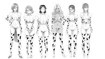 Rule 34 | 6+girls, animal print, bikini, blush, breasts, breasts apart, cleavage, closed eyes, closed mouth, collarbone, commentary, cow print, cow print bikini, cow print gloves, cow print thighhighs, dark-skinned female, dark skin, elbow gloves, facing viewer, folded ponytail, full body, furrowed brow, gloves, gojou iroha, greyscale, groin, hair between eyes, hair bun, hair over one eye, hand on own hip, hashima ema, high heels, highres, holding own arm, large breasts, lineup, long hair, looking at viewer, maniwa sana, mature female, medium breasts, medium hair, monochrome, multiple girls, navel, one eye covered, origami yukari, ponytail, print bikini, print gloves, print thighhighs, short hair, sketch, souraku yuzuki, standing, sweat, swept bangs, swimsuit, symbol-only commentary, takatsu yukina, thighhighs, toji no miko, very long hair, yamamoto kichiko