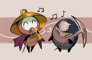 1boy 1girl ^_^ arthropod_girl artist_name bell black_skin blush cloak closed_eyes colored_skin furry furry_female glint hand_up happy hat headlamp highres holding holding_bell holding_needle holding_pickaxe hollow_knight hollow_knight:_silksong in-franchise_crossover light_blush miikrowelle musical_note myla_(hollow_knight) needle pickaxe purple_cloak sherma_(hollow_knight) signature trait_connection yellow_hat
