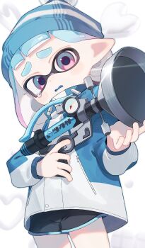 Rule 34 | 1girl, beanie, black shorts, blue hat, dolphin shorts, furrowed brow, hat, highres, inkling, inkling girl, inkling player character, jacket, long hair, looking at viewer, nintendo, pointy ears, sabata saba, sad, shorts, solo, splatoon (series), splatoon 3, sploosh-o-matic (splatoon), tearing up, tentacle hair, thick eyebrows, wavy mouth, white background