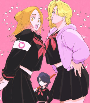 Rule 34 | 3girls, bandage on face, bandages, black hair, bleach, bleach: sennen kessen-hen, blonde hair, circle, delinquent, green eyes, gyaru, hair over one eye, hand on own hip, heart, highres, holding, holding weapon, hood, hoodie, inoue orihime, kasuga akira, kuchiki rukia, looking at viewer, matsumoto rangiku, mole, mole under mouth, multiple girls, official alternate costume, open mouth, orange eyes, orange hair, pink background, pink hoodie, school uniform, signature, skirt, smile, sparks, weapon