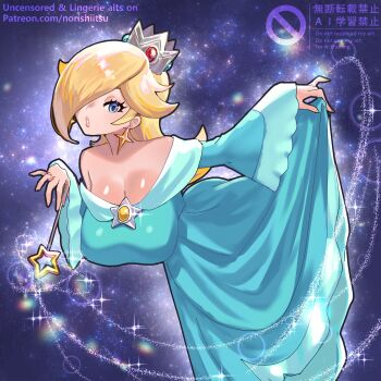 1girl :o absurdres alternate_breast_size_(larger) artist_name blonde_hair blue_dress blue_eyes breasts brooch crown dress earrings eyelashes hair_over_one_eye highres holding holding_wand jewelry large_breasts long_hair long_sleeves looking_at_viewer mario_(series) nintendo norishiitsu off-shoulder_dress off_shoulder open_mouth rosalina skirt_hold solo space star_(symbol) star_brooch star_earrings super_mario_galaxy wand