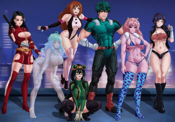 1boy 6+girls aged_up amenoosa animal_head ashido_mina asui_tsuyu audio_jack belt belt_skirt black_eyes black_hair black_sclera blunt_bangs blush bodysuit boku_no_hero_academia breasts brown_eyes brown_hair colored_sclera colored_skin frog_girl gloves green_bodysuit green_eyes green_hair green_lips hagakure_toru hair_between_eyes hair_rings horns invisible jacket jiro_kyoka katana large_breasts leotard long_earlobes long_hair low-tied_long_hair medium_breasts messy_hair midoriya_izuku multicolored_bodysuit multiple_girls muscular navel nipples open_clothes open_leotard open_mouth pink_hair pink_skin purple_hair red_leotard short_hair skirt smile spiked_hair superhero_costume sword unusually_visible uraraka_ochako utility_belt weapon yaoyorozu_momo yellow_eyes yellow_horns