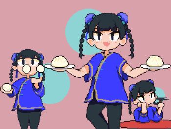 1girl :3 :d :t animated animated_gif black_eyes black_hair black_pants blinking blue_shirt braid bun_cover chinese_clothes double_bun fang food hair_bun head_rest juggling kawawagi looping_animation no_nose open_mouth original pants pink_background pixel_art playing_with_own_hair shirt short_sleeves smile solo steamed_bun twin_braids twirling_hair