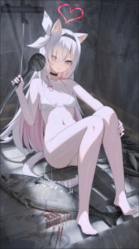 1girl absurdres animal_ears bare_shoulders bikini black_choker black_eyes black_hairband blue_archive braid cat_ears choker colored_inner_hair commentary fish hair_over_one_eye hairband halo heart heart_halo highres holding holding_shower_head kitabana long_hair looking_at_viewer multicolored_hair plana_(blue_archive) red_halo red_pupils ribbon shower_head single_braid sitting solo swimsuit untranslatable_commentary white_bikini white_hair white_ribbon
