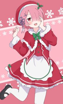 1girl :d absurdres alternate_costume apron beret blush bow bowtie capelet christmas dress foot_out_of_frame frilled_dress frills fur-trimmed_capelet fur-trimmed_dress fur-trimmed_sleeves fur_trim green_bow green_bowtie green_ribbon hair_ornament hair_over_one_eye hair_ribbon hand_on_own_cheek hand_on_own_face hands_up hat highres leg_up long_sleeves looking_at_viewer mary_janes one_eye_covered open_mouth pantyhose pink_background pink_hair purple_ribbon ram_(re:zero) re:zero_kara_hajimeru_isekai_seikatsu red_capelet red_dress red_eyes ribbon santa_costume santa_dress santa_hat shoes short_hair smile snowflake_background snowflakes solo standing standing_on_one_leg sunegg1112 waist_apron white_apron white_pantyhose x_hair_ornament