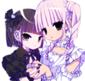 2girls black_eyes black_hair black_nails bow dress drill_hair ear_piercing fanged_bangs goth_fashion gothic_lolita highres holding_hands jewelry jirai_kei lolita_fashion looking_at_viewer multiple_girls nail_art nail_polish original pale_skin piercing pink_eyes pink_hair pout ribbon ring short_hair susushi_11 tsurime twin_drills